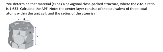 You determine that material (c) has a hexagonal close-packed structure, where the c-to-a ratio is 1.633. Calculate the APF. Note: the center layer consists of the equivalent of three total atoms within the unit cell, and the radius of the atom is r.