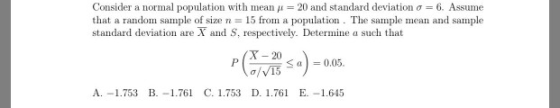 Consider a normal population with mean y = 20 and standard deviation o = 6. Assume that a random sample of size n= 15 from a