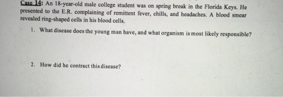 Case 14: An 18-year-old male college student was on spring break in the Florida Keys. He presented to the E.R. complaining of