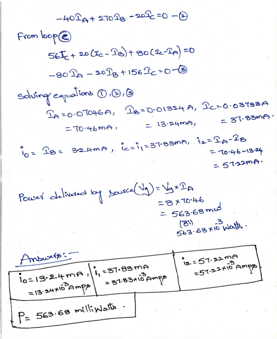 -40 PA+ 210 16 - 2016=0 - from loop@ 565+ 20 [ic - 18)+80(IC-PA) =0 -sofa -20 IB + 156 Ic=0-③ solving equations , To=0:07046