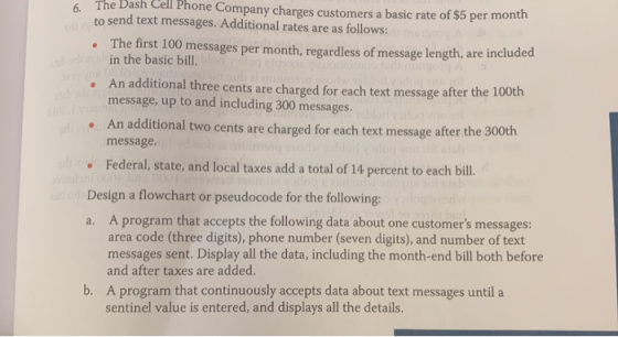 6. The Dash Cell Phone Company charges customers a basic rate of $5 per month to send text messages. Additional rates are as