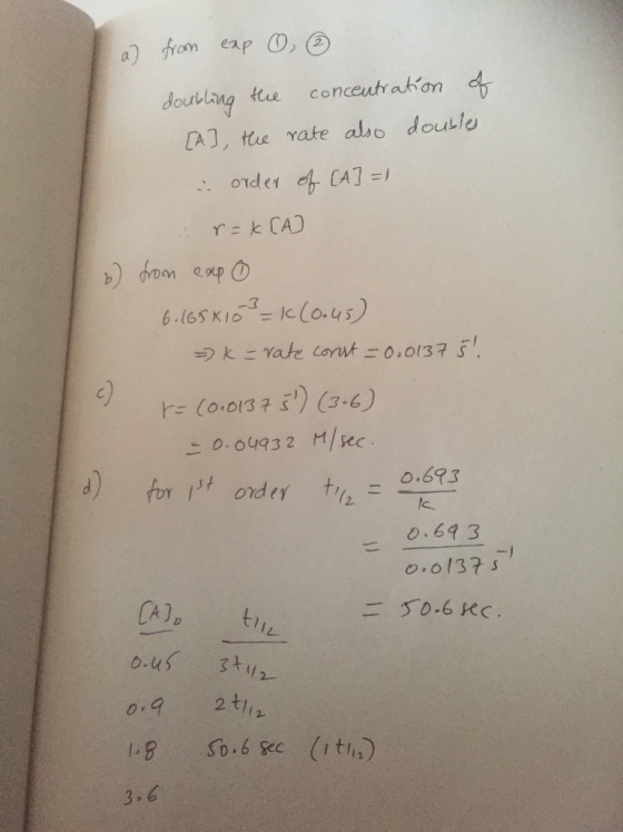 a) from exp , doubling the concentration of [A], the rate also doubles in order of CA] =1 s=k[A] 6) from expo 6.165 x103 = 1