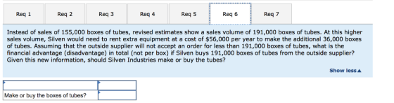 Req 2 Req 3 Req 5 Req 6 Req 7 Req 1 Req 4 Instead of sales of 155,000 boxes of tubes, revised estimates show a sales volume o