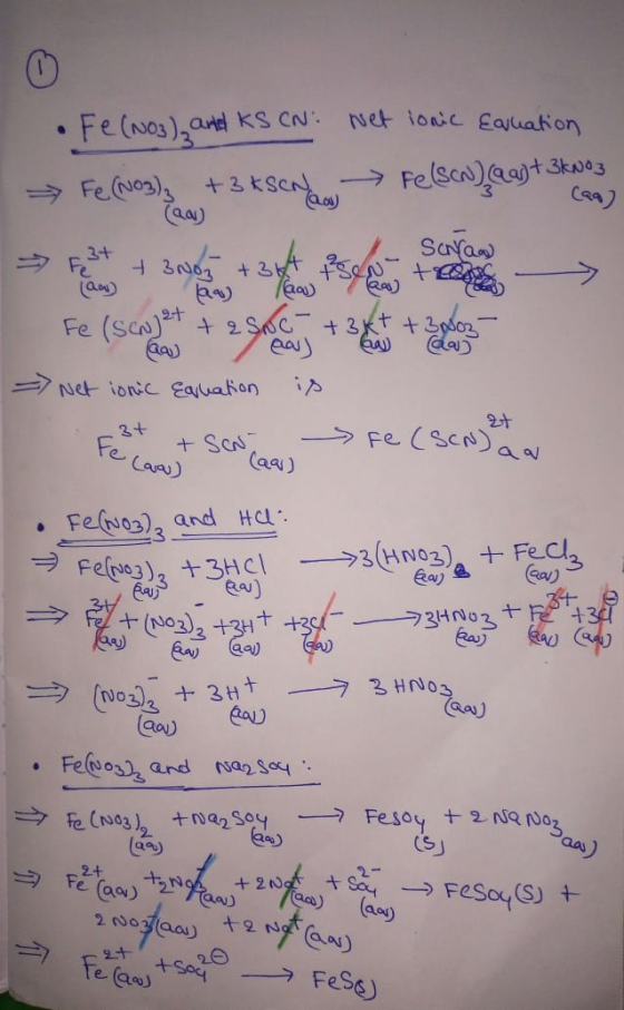 I Qoy Fe(NO3) antal KS CN Net lonic Equation Fe(NO3)₂ + 3 KSN Fe(SCN) Qa) + 3kNoz Fat + 3N07 +34 + tsentreerd a Serran Fe (Sc