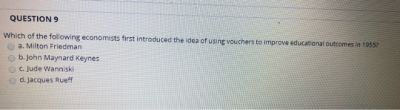 QUESTION 9 Which of the following economists first introduced the idea of using vouchers to improve educational outcomes in 1