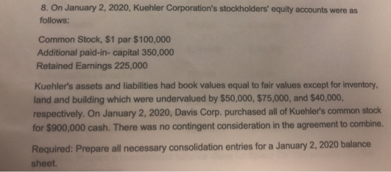 8. On January 2, 2020, Kuehler Corporations stockholders equity accounts were as follows: Common Stock, $1 par $100,000 Add