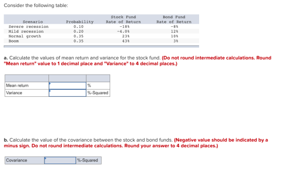 Consider the following table: Scenario Severe recession Mild recession Normal growth Boom Probability 0.10 0.20 0.35 0.35 Sto