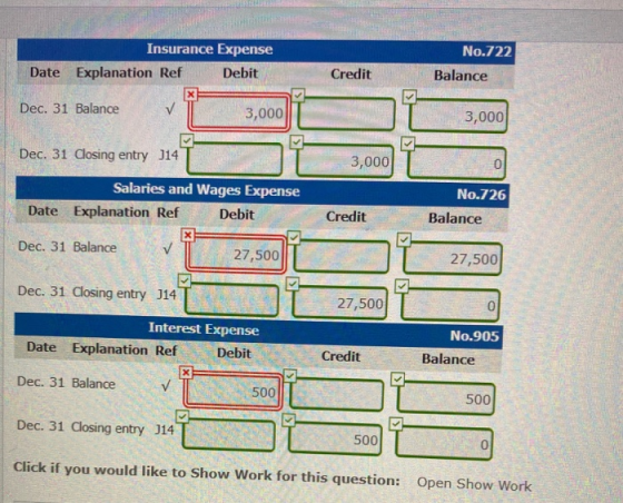 No.722 Insurance Expense Date Explanation Ref Debit XF Dec. 31 Balance V 3,000 Credit Balance 3,000 LE Dec. 31 Closing entry