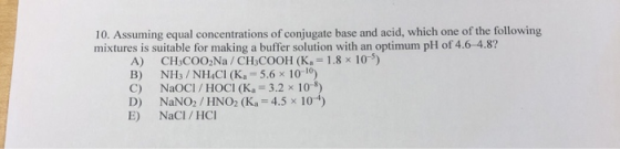 10. Assuming equal concentrations of conjugate base and acid, which one of the following mixtures is suitable for making a bu