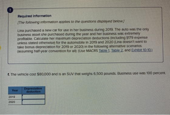 Required Information [The following information applies to the questions displayed below) Lina purchased a new car for use in