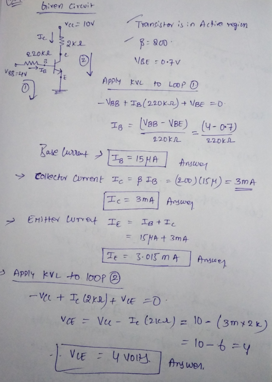 biven cirewit Transistor iso Actie vgiun Vec 1ov FeJ 20KR VBE O.7V V&R-HV Apply to Loop KVL -VBB tTe(220 K2) + VBE o VeB-VBE)