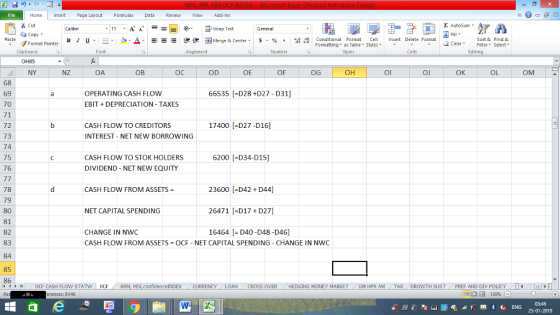 Home nert Page Layout Formulas Data Review View dd-Ins Cut Σ AutoSum Wrap Text ta copy. B า 프 . Ej-., Δ. : r_一 逻锂函Merge & Center. $, % , 弼,8 Conditional Format CeInsert Delete Format Formatting, as Table w styles. ▼ ㆆ ▼ Sort &Find & 2 ClearFe Select Edting Format Painter Clipboard OH85 NY Alignment Number Cells NZ OA OB OC OD OE OF OG он 01 OJ OK OL OM 68 69 70 71 72 73 74 75 76 OPERATING CASH FLOWw EBIT DEPRECIATION TAXES 66535 D28 +D27-D31] CASH FLOW TO CREDITORS 17400 -D27-D16] INTEREST-NET NEW BORROWING CASH FLOW TO STOK HOLDERS 6200 D34-D15] DIVIDEND NET NEW EQUITY 78 79 80 81 82 83 84 85 86 23600 -D42D44] 26471 -D17+ D27] 16464 D40 -D48 -D46] CASH FLOW FROM ASSETS = NET CAPITAL SPENDING CHANGE IN NWC CASH FLOW FROM ASSETS OCF NET CAPITAL SPENDING- CHANGE IN NWC 。CF CASH FLOW STAT erences: EV46 トト FO F ARM, MSI confidenceINDEX -CURRENCY LOAN CROSS OVER HEDGING MONEY MARKET _ GM HPR AM TAX GROWTH SUST PREF AND DIV POLICY ( .