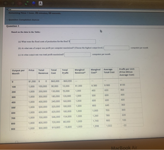Remaining Time: 1 hour, 29 minutes, 00 seconds. Question Completion Status Question 1 Based on the data in the Tablet (a) Wha