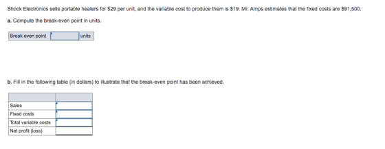 Shock Electronics sells portable heaters for $29 per unit, and the variable cost to produce them is $19. Mr. Amps estimates that the fixed costs are $91,500. a. Compute the break-even point in units. Break-even point units b. Fill in the following table (in dollars) to illustrate that the break-even point has been achieved Sales Fixed costs Total variable costs Net profit (loss)