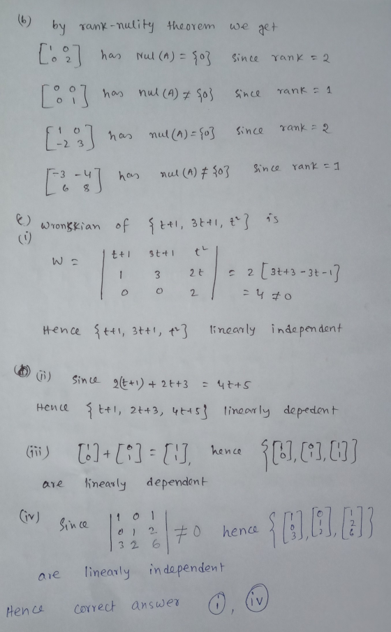 (6 by rank-nulity theorem we get [oo] has Nul (A) = {0} since rank = 2 Toil has nul (A) = {0} since rank = 1 lol has nul (A)