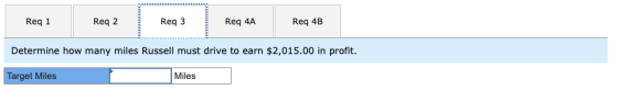 Req 1 Req 2 Req3 Req 4A Req 4B Determine how many miles Russell must drive to earn $2,015.00 in profit. Target Miles Miles