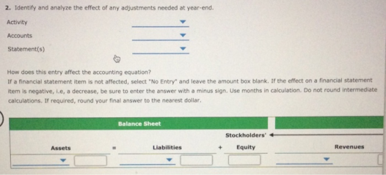 2. Identify and analyze the effect of any adjustments needed at year-end. Activity Accounts Statement(s) How does this entry