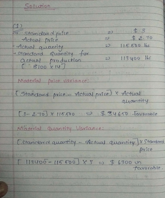 Solution a) Standard price Actual price Actual quantity Standard Quantity actual production C 8100 X 14] $ 3 $ 2.70 115 500 l