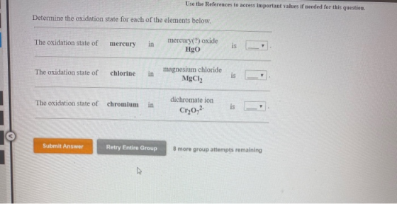 Use the References to access important values if needed for this question. Determine the oxidation state for each of the elem