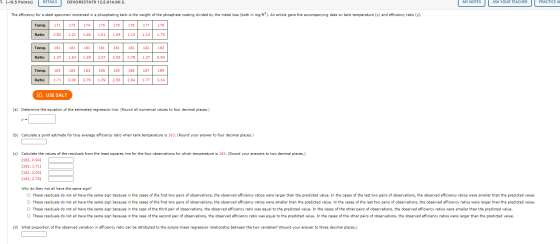 3. [-16.5 Points] DETAILS DEVORESTAT9 12.E.014.MI.S. MY NOTES ASK YOUR TEACHER PRACTICE A The efficiency for a steel specimen