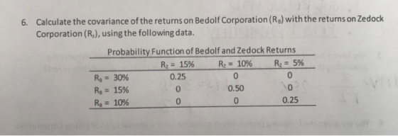 Calculate the covariance of the returns on Bedolf Corporation (Re) with the returns on Zedock Corporation (R), using the foll