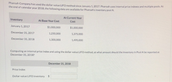 naroan Company has used the dollar-value LIFO method since January 1, 2017. Pharoah uses internal price indexes and multiple