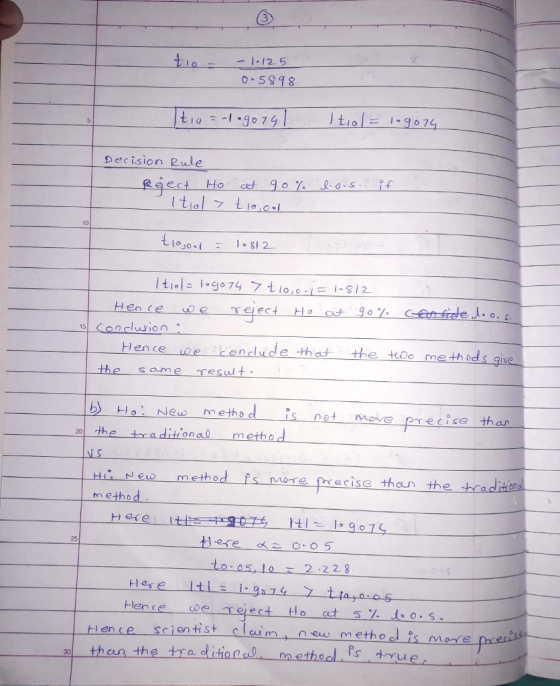 1-12 o 5818 t1o.go 7 9 tiol9674 Decision Pule 10 15 Conduion Hence e endude thotthe too methods give the same Tesut ew metho d is not moe recise than the traditional method i Nemethod MTePrecise than the adite m ethod 10.05, 10 ะ 2.228 Hen ce doe-reject tlo at 5% do os Hence scientist leim new method is mee than the tra ditiona metho