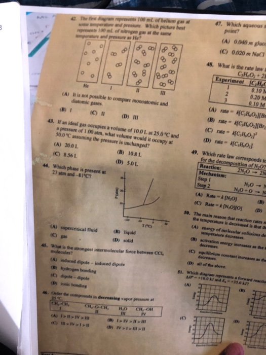 47. Which aqueous s (A) 0040 m gluo (C) 0020 m NaC 48. What is the rate law Experiment IGH 100 ml of ningen gas at the same p