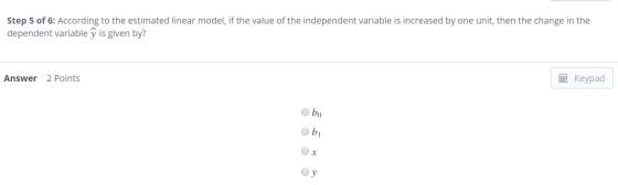 Step 5 of 6: According to the estimated linear model, if the value of the independent variable is increased by one unit, then