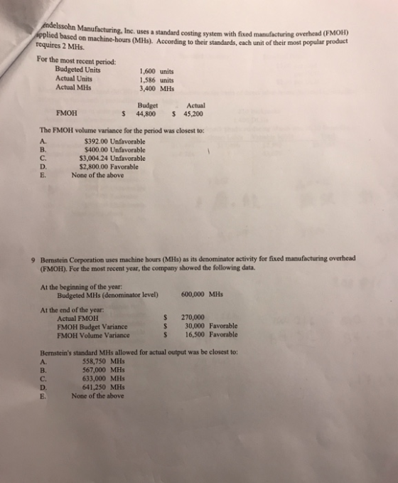 gndelssohn Manufacturing, Inc. uses a standard costing system with fixed manufacturing overhead (FMOH) applied based on machi