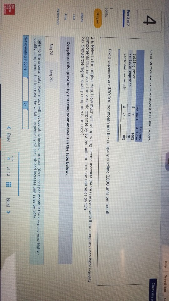 Help Save & Exit S Udla TUI nei Check my w Lupuluol die STUWII Verw. Per Unit Percent of Sales 100% $ 90 Part 2 of 2 Selling