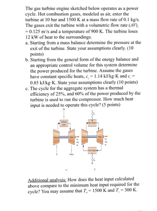 The gas turbine engine sketched below operates as a power cycle. Hot combustion gases, modeled as air, enter the turbine at 10 bar and 1500 K at a mass flow rate of 0.1 kg/s. The gases exit the turbine with a volumetric flow rate (AV 0.125 m/s and a temperature of 900 K. The turbine loses 12 kW of heat to the surroundings. a. Starting from a mass balance determine the pressure at the exit of the turbine. State your assumptions clearly. (10 points) b. Starting from the general form of the energy balance and an appropriate control volume for this system determine the power produced for the turbine. Assume the gases have constant specific heats, c, 1.14 kJ/kg-K and c 0.85 kJ/kg K. State your assumptions clearly (10 points) c. The cycle for the aggregate system has a thermal efficiency of 25%, and 60% of the power produced by the turbine is used to run the compressor. How much heat input is needed to operate this cycle? (5 points) Additional analysis: How does the heat input calculated above compare to the minimum heat input required for the cycle? You may assume that T, 1500 K and T 300 K.