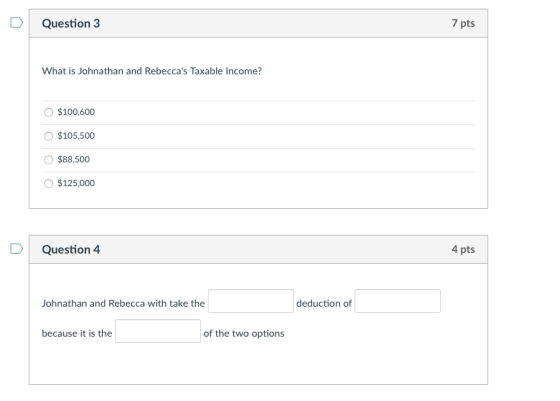 Question 3 7 pts What is Johnathan and Rebeccas Taxable income? $100,600 $105,500 $88,500 $125,000 Question 4 4 pts Johnatha
