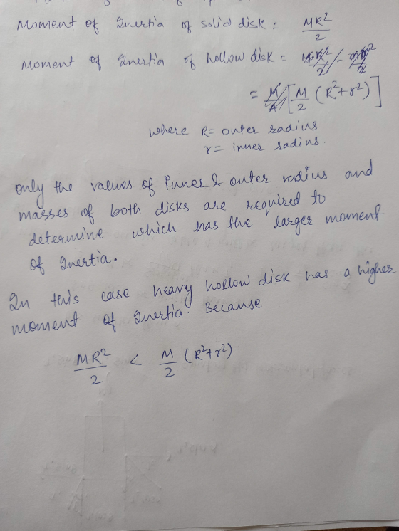 Moment of Puertia of solid disk MR2 2 Ykr moment of Inertion of hollow diska MTM (p=02)] 2 where R= outer radius r- inner rad