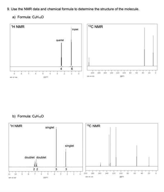 9. Use the NMR data and chemical formula to determine the structure of the molecule. a) Formula: C5H100 TH NMR 13C NMR triple