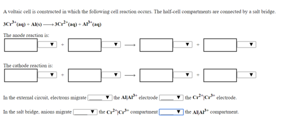 A voltaic cell is constructed in which the following cell reaction occurs. The half-cell compartments are connected by a salt