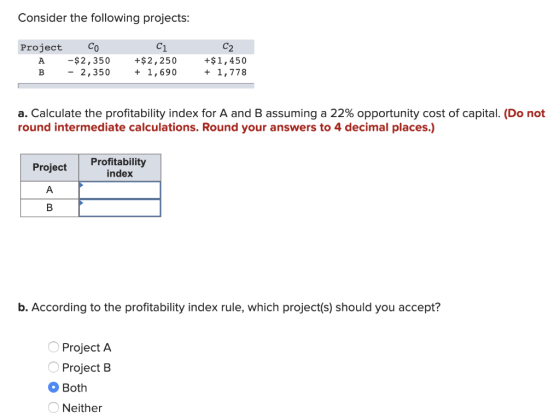 Consider the following projects: с C2 Project A B Co -$2,350 - 2,350 +$2,250 + 1,690 +$1,450 + 1,778 a. Calculate the profita