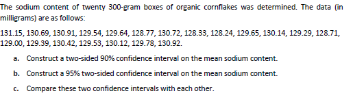 The sodium content of twenty 300-gram boxes of organic cornflakes was determined. The data (in milligrams) are as follows: 13