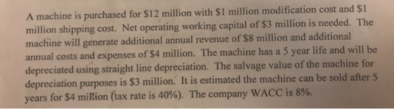 A machine is purchased for $12 million with $1 million modification cost and $1 million shipping cost. Net operating working