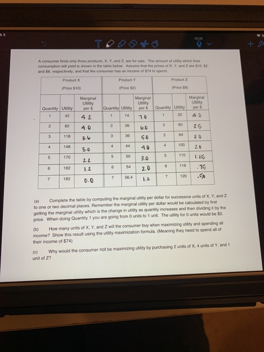 + A consumer finds only three products, X, Y, and Z are for sale. The amount of which the consumption will yield is shown in