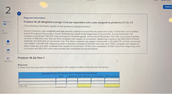 Check 2 Part 1 of 3 5 points Required information Problem 16-2A Weighted average: Cost per equivalent unit; costs assigned to