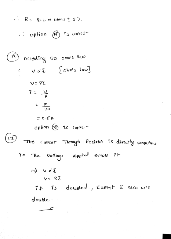 ri R= 8.2 m ohms & 5%. si option is cowed- (12 According to ohns law - vad {ohms law] VORI ㅀ을 70 ofi 50.5A option 13 is cor