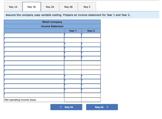 Req 1A Req 1B Req 2A Req 2B Reg 3 Assume the company uses variable costing. Prepare an income statement for Year 1 and Year 2