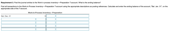 Requirement 3. Post the journal entries to the Work in process inventory—Preparation T-account. What is the ending balance? P