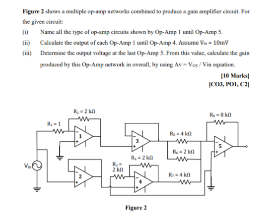 Figure 2 shows a multiple op-amp networks combined to produce a gain amplifier circuit. For the given circuit: (i) Name all t