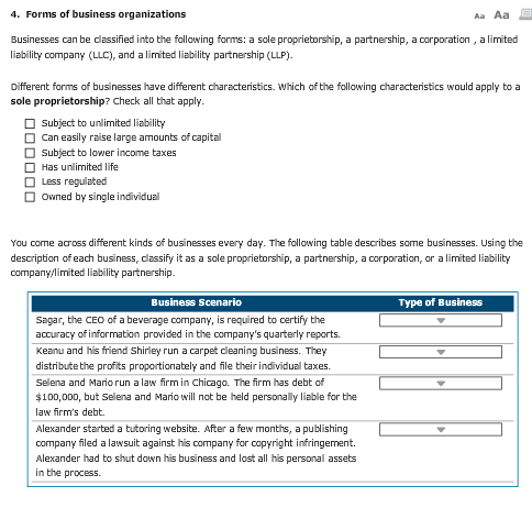 4. Forms of business organizations Aa Aa Businesses can be dassified into the following forms: a sole proprietorship, a partnership, a corporation, a limited liability company (LLC), and a limited liability partnership (LLP). Different forms of businesses have different characteristics. which of the following characteristics would apply to a sole proprietorship? Check all that apply Subject to unlimited liability Can easily raise large amounts of capital Subject to lower income taxes Has unlimited life Less regulated owned by single individual You come across different kinds of businesses every day. The following table describes some businesses. Using the description of each business, classify it as a sole proprietorship, a partnership, a corporation, or a limited liability company/limited liability partnership Business Scenario Type of Business Sagar, the CEO of a beverage company, is required to certify the accuracy of information provided in the companys quarterly reports. Keanu and his friend Shirley run a carpet deaning business. They distribute the profits proportionately and file their individual taxes. Selena and Mario run a law firm in Chicago. The firm has debt of $100,0DD, but Selena and Mario will nat be held personaly liable for the law firms debt. Alexander started a tutoring website. After a few months, a publishing compa Alexander had to shut down his business and lost all his personal assets in the process. ny filed a lawsuit against his company for copyright infringement.