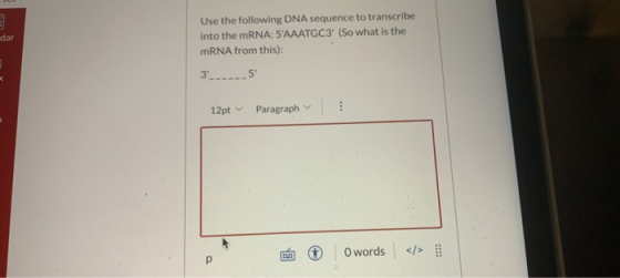 dar Use the following DNA sequence to transcribe into the mRNA: 5AAATGC3 (So what is the mRNA from this): 3.....5 12pt Para