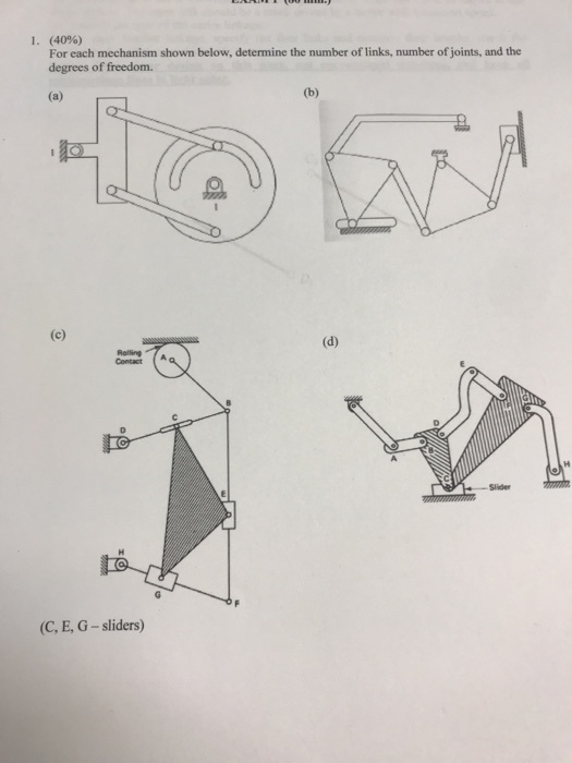 1. (40%) For each mechanism shown below, determine the number of links, number of joints, and the degrees of freedom. (a) (b)