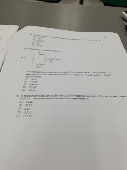 3.5F 16. A minterdevelops har the rate of20 w when the potential difference across its ends s0v The resistance of the resistor is approximately ?)30? ?)45? C) D) 2? 5.5 ? 125? E)