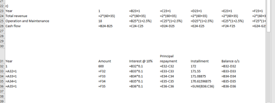 21 22 c) 23 Year 24 Total revenue 25 Operation and Maintenance 26 Cash flow 27 28 29 30 -B23+1 -2*(60+35) -825(1+2.5%) -C24-C25 -C23+1 2 (60+35) -c25*(1+2.596) -D24-D25 -D23+1 -F23+1 2 (60+35) 18 -B24-B25 -E23+1 -2*(60+35) -E25(1+2.596) -F24-F25 -2 (60+ F25(1 G24-G 2* (60+35) D25(1+2.5%) -E24-E25 31 Year 32 1 33 A32+1 34 A33+1 35 A34+1 36 A35+1 37 38 39 Amount 600 -F32 -F33 -F34 -F35 interest@ 10% -B32*0.1 -B33*0.1 -B34 *0.1 -B35*0.1 -B36*0.1 Principal repayment -E32-C32 -E33-C33 -E34-C34 -E35-C35 -E36-C36 Installment 172 171.55 171.08875 170.61596875 -SUM(B36:C36) B36-D36 Balance o/s -B32-D32 -B33-D33 -B34-D34 -B35-D35